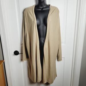 J Jill Sweater 3XL Tan Long Open Cardigan Knit Fringe Wrist Linen Lightweight